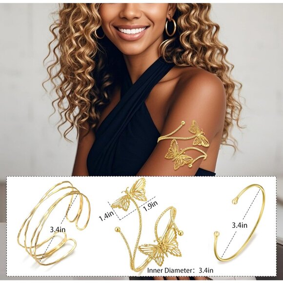 3Pcs Gold Arm Cuff Bracelets for Women Open Adjustable Upper Arm Bangle Adjustab - Picture 2 of 6